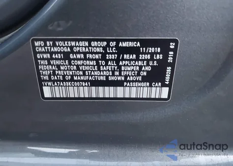 2019 Volkswagen Passat 2.0T Wolfsburg Edition z USA, uszkodzony, nr VIN 1VWLA7A33KC007941